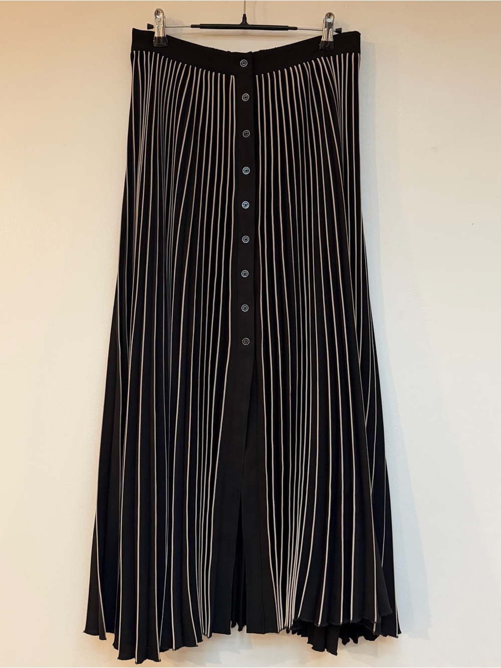 Maeve Black Pleated Skirt with White Vertical Stripes